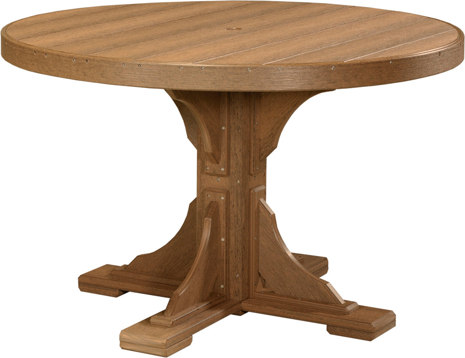 LuxCraft Deluxe Poly 48" round table with a sturdy base, featuring a smooth wood-like finish in a warm brown color.