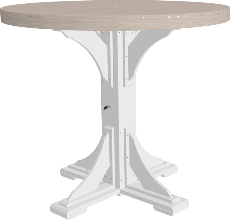 Round dining table set featuring a light wood top and a sturdy white base, designed for outdoor use.