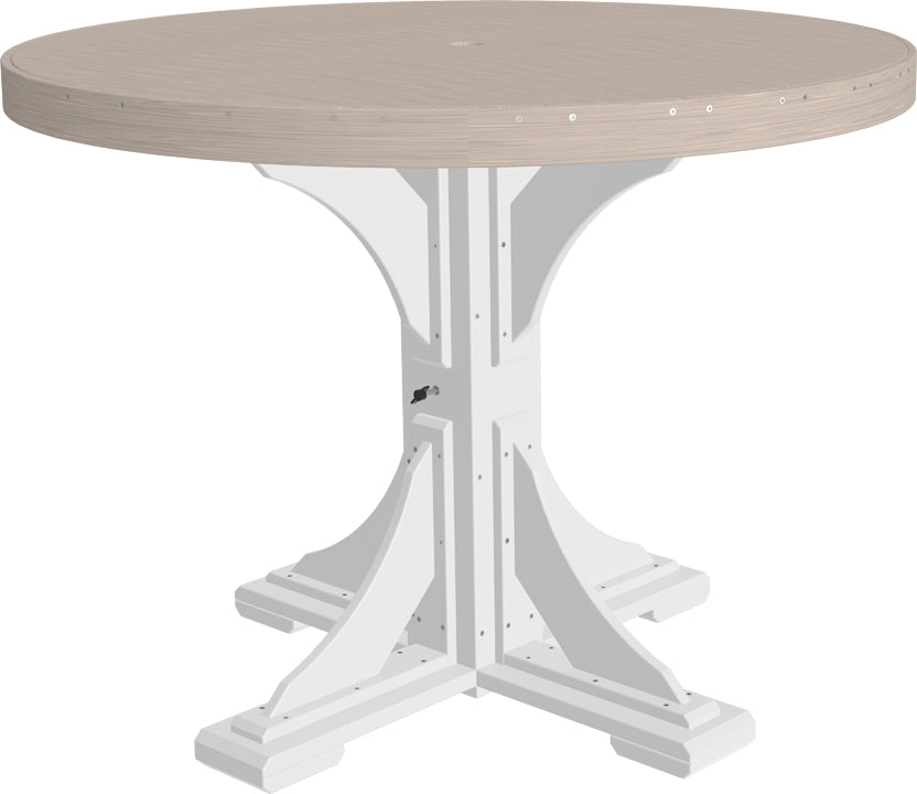 Round 48-inch table with a light brown top and white base, featuring a built-in umbrella hole and sturdy design.