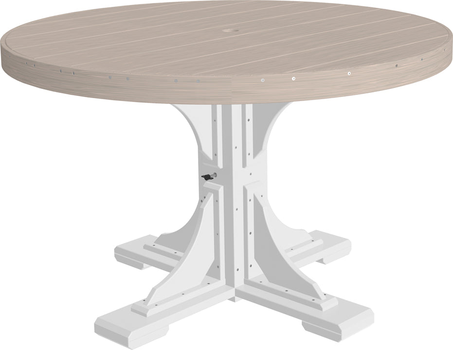Round 48" patio table with a smooth, light brown surface and a sturdy white base, featuring an umbrella hole in the center.