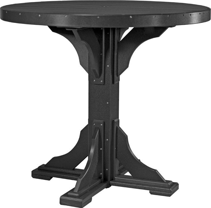 Round, black 48" patio table with a sturdy poly lumber top and a strong four-legged base, featuring an umbrella hole.