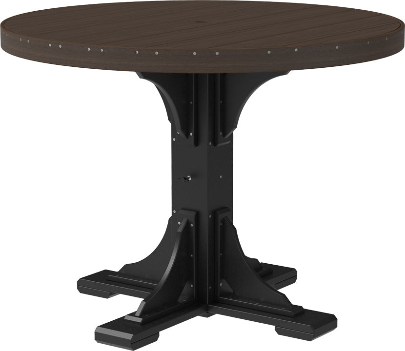 LuxCraft Deluxe Poly 48" round table in dark brown with black base, featuring a built-in umbrella hole and sturdy construction.