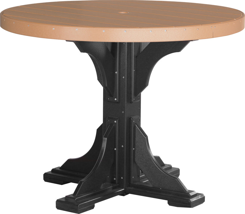 48-inch round table with a brown top and black base, featuring a central umbrella hole and sturdy, weather-resistant design.