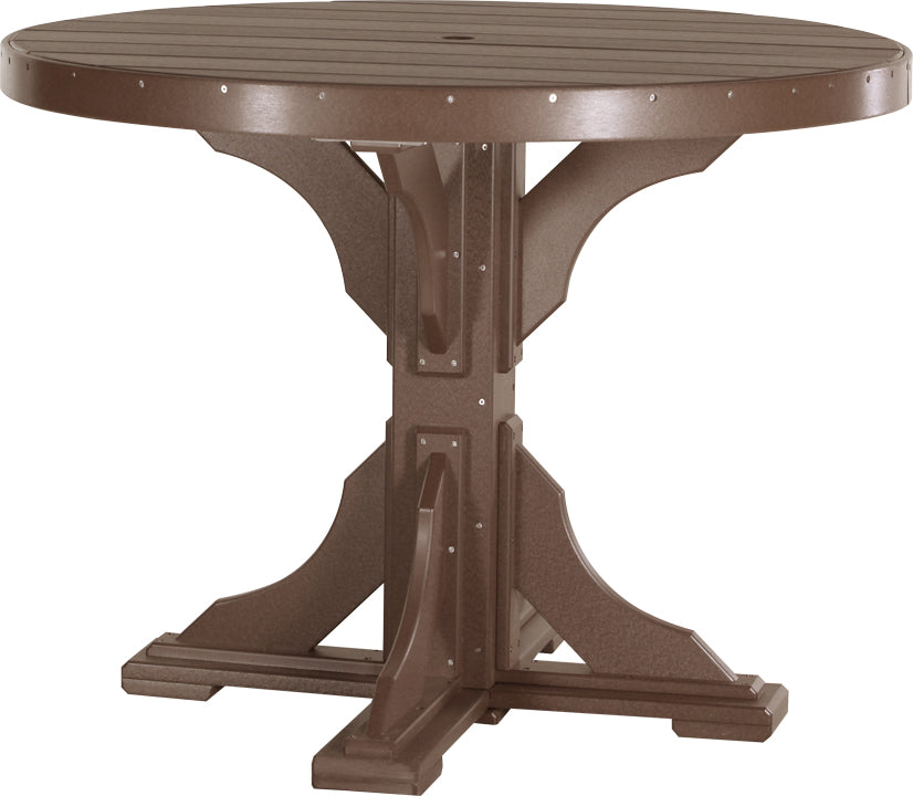Brown 48" round patio table with a slatted top, sturdy base, and center umbrella hole, made from recycled HDPE material.