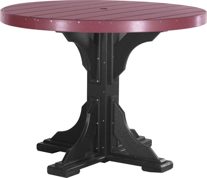 Round Patio Table with a maroon top and black base, featuring a central umbrella hole and sturdy, weather-resistant design.