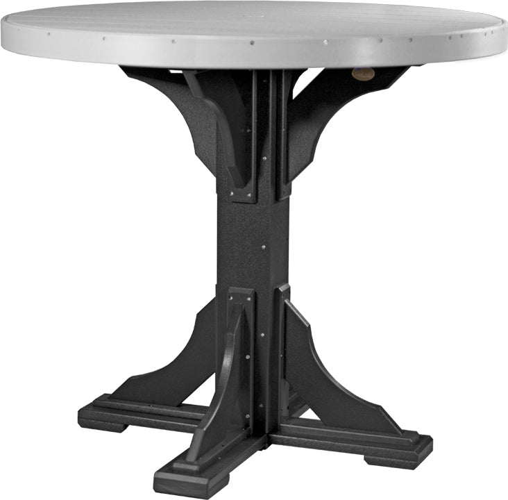 Round 48" patio table featuring a gray top and sturdy black poly lumber base, ideal for dining outdoors.