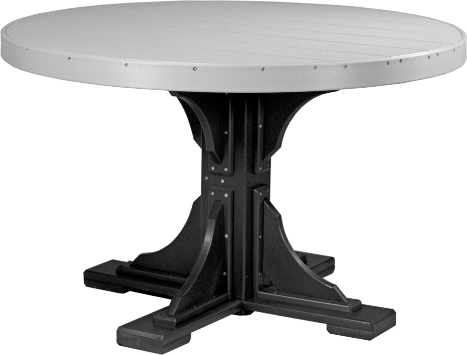 Round outdoor dining table with a gray poly surface and black base, designed for four people. Includes an umbrella hole.