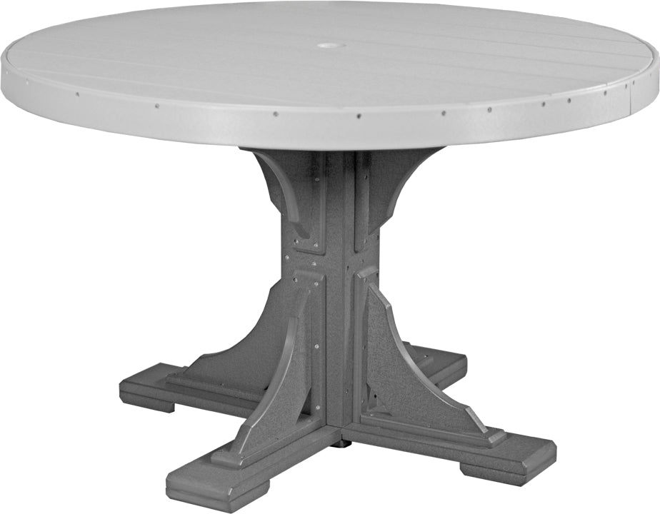 48-inch round table in light gray with a sturdy gray base, designed for outdoor use, featuring a center umbrella hole.