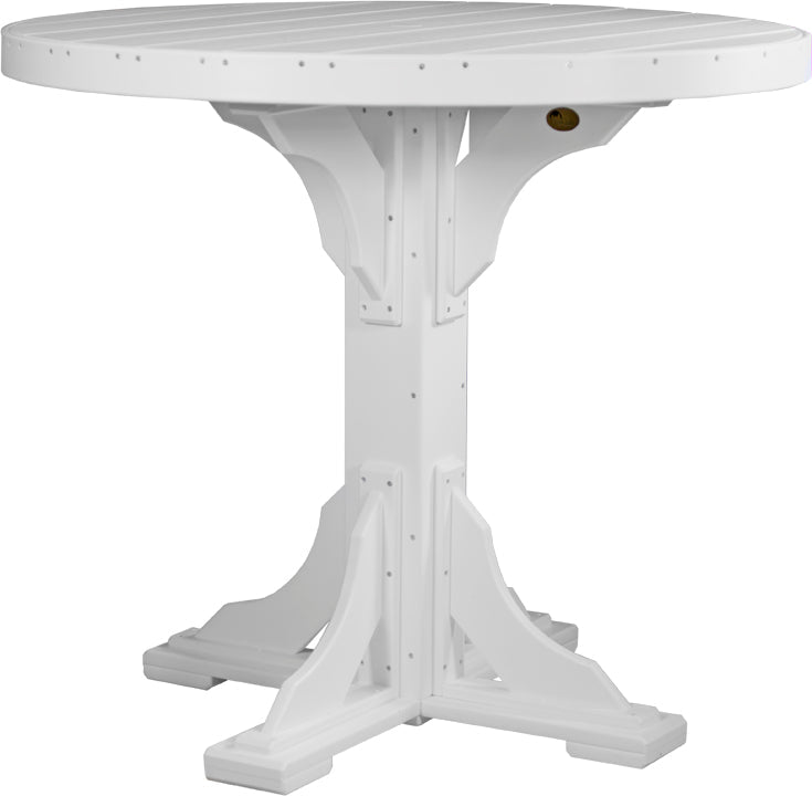 Round, white outdoor dining table with a smooth surface, built-in umbrella hole, and sturdy, weather-resistant frame.