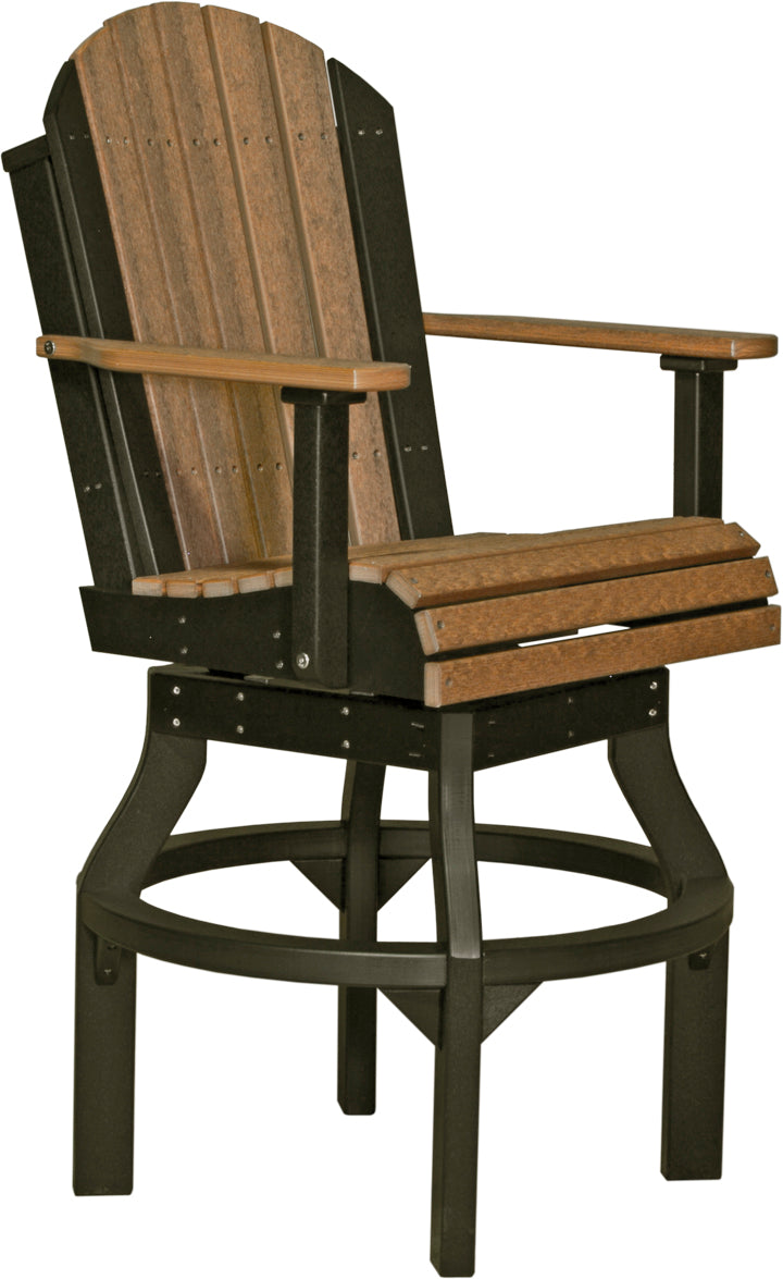 Adirondack-style armchair with a mix of brown and black poly lumber, featuring a swivel seat and sturdy, weather-resistant frame.