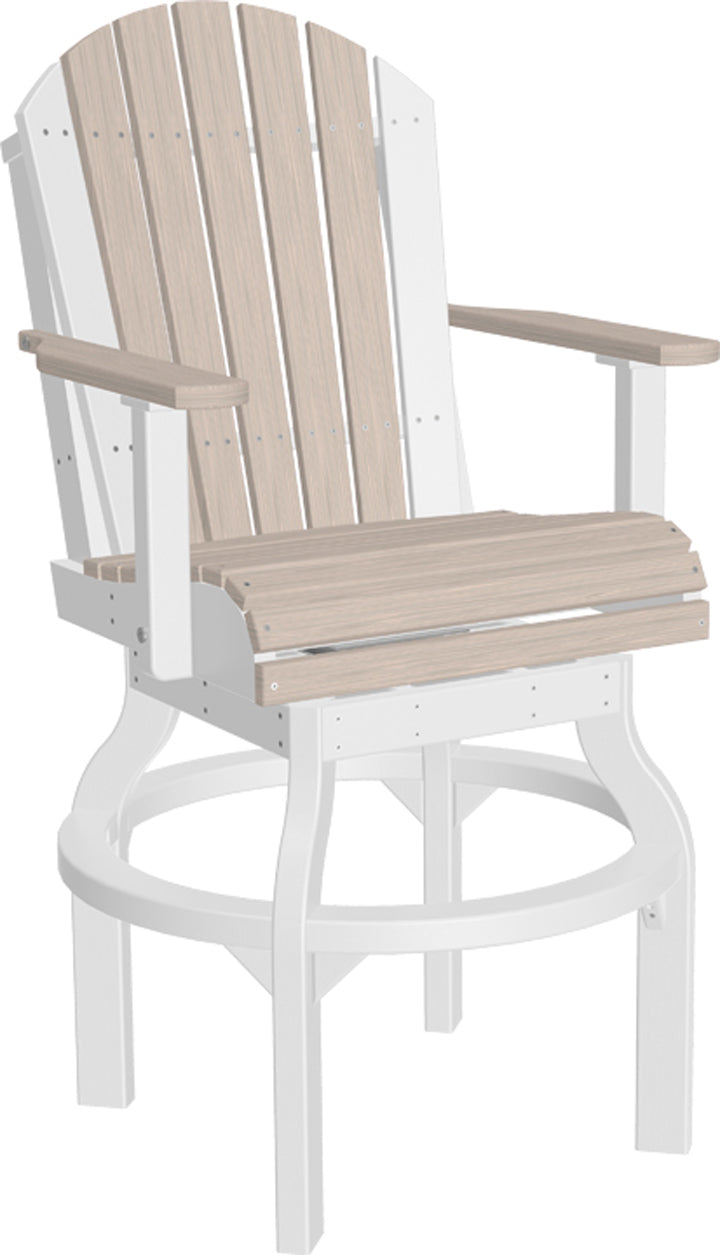 Deluxe poly dining chair with a white frame and light wood slats, featuring armrests and a swivel base design.