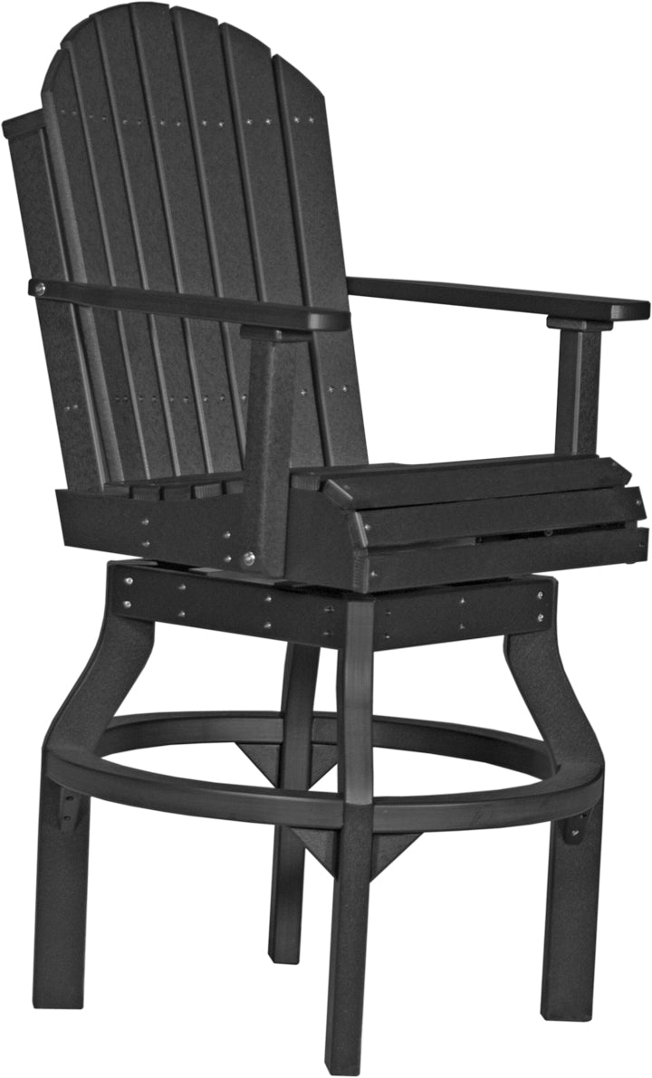 Black Adirondack-style swivel chair with armrests, featuring a slatted back and sturdy base, designed for outdoor use.
