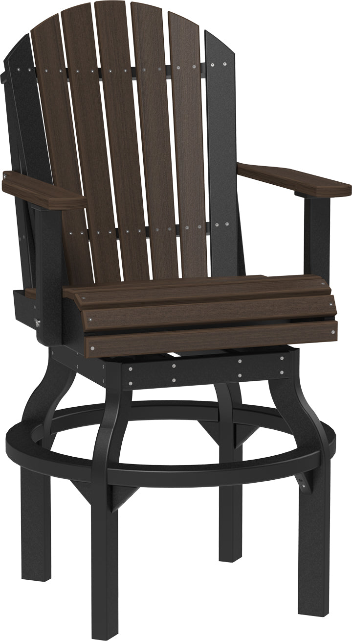 Wicker-style swivel chair with a dark frame and brown slatted seat and back, designed for comfort in outdoor settings.