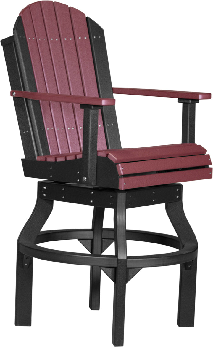 Adirondack-style bar stool featuring a maroon seat and black frame, crafted from durable, weather-resistant materials.