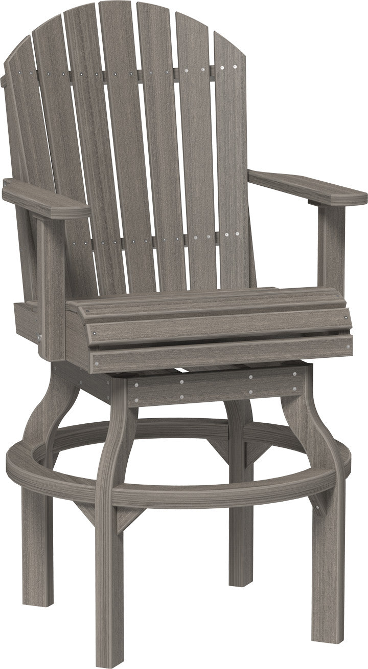 Gray Adirondack-style swivel chair with wide slats and armrests, made from weather-resistant HDPE material.