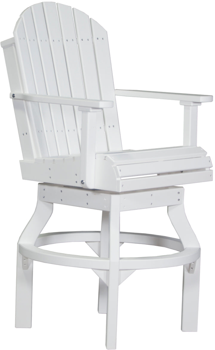White Adirondack-style armchair with a tall base, featuring slatted back support and a weather-resistant poly material.