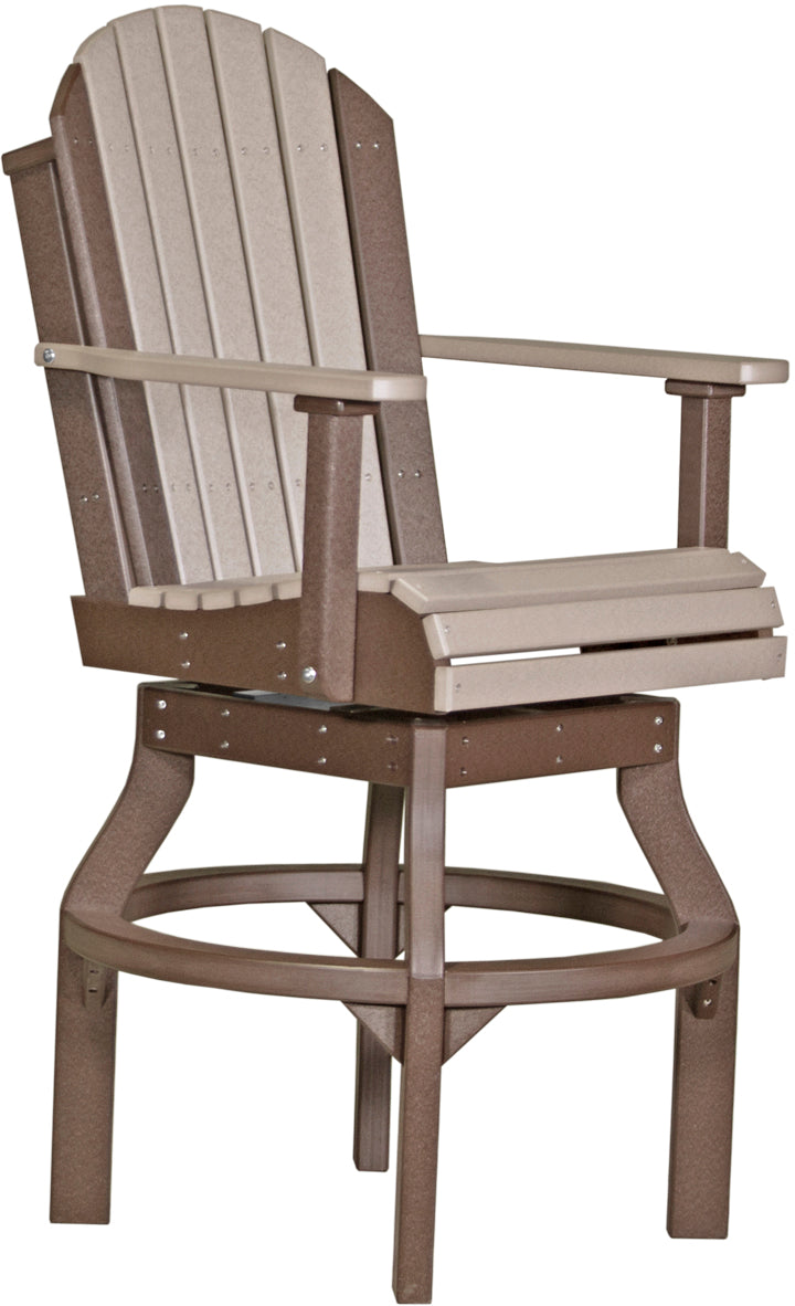 Deluxe poly dining chair in brown and tan, featuring wide slats and armrests, crafted from durable recycled HDPE.