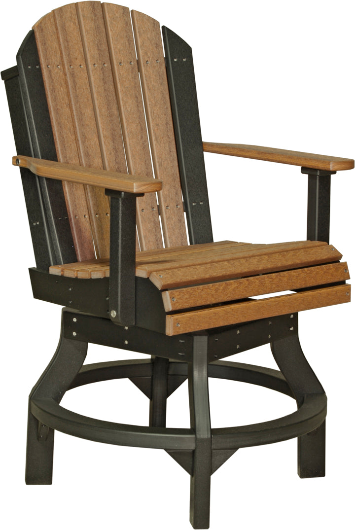 Patio chair with a round base, featuring a mix of dark and light poly lumber, styled with a slatted back and armrests.