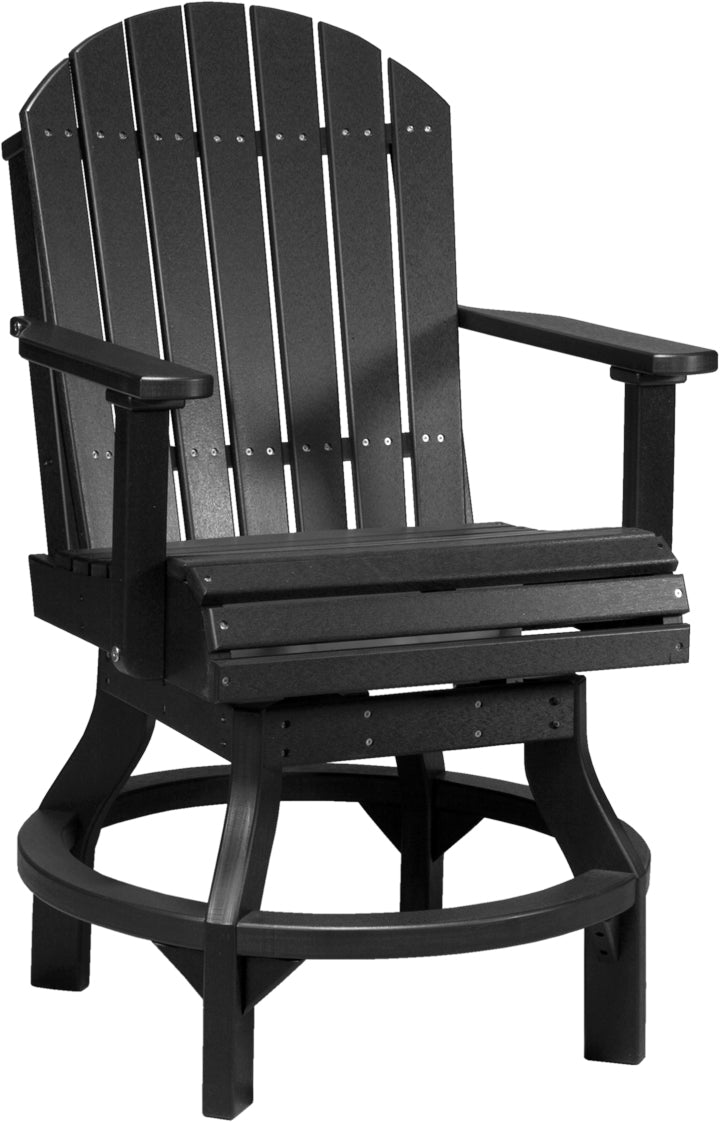 Black Adirondack swivel chair with slatted back and armrests, made from durable HDPE poly lumber.