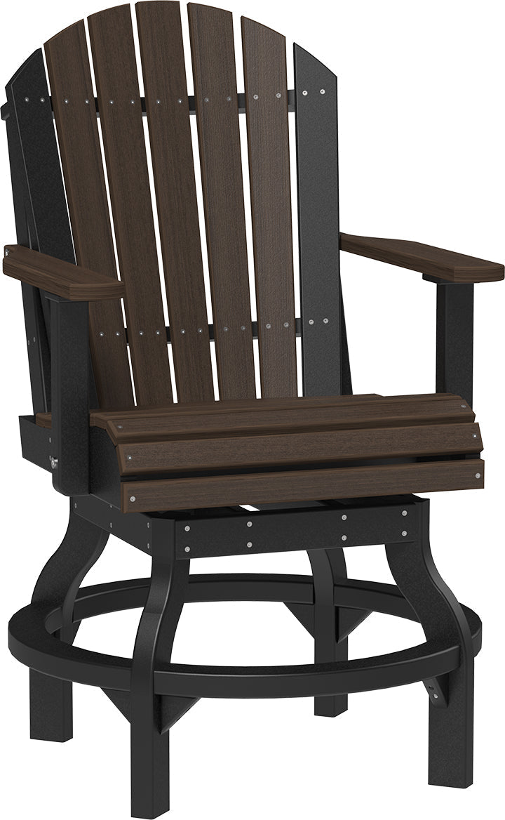 Deluxe Poly swivel chair in black and brown, featuring slatted back, wide armrests, and a sturdy circular base.