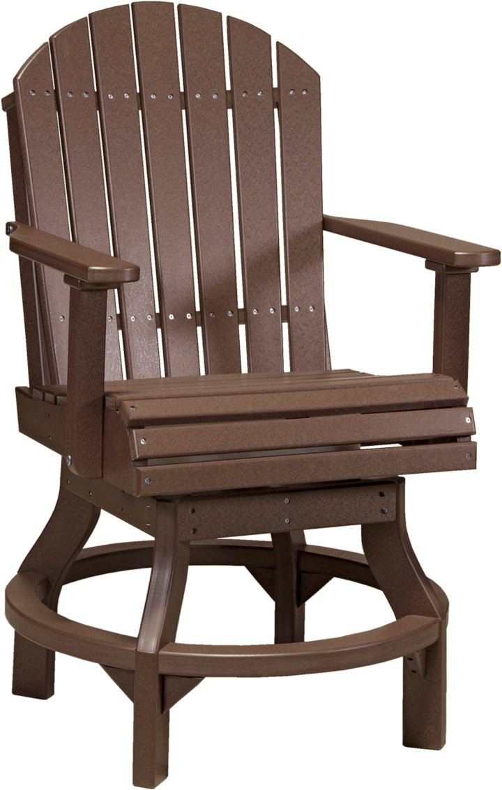 Swivel armchair in a rich brown finish, featuring a slatted back and sturdy base, designed for outdoor comfort and durability.