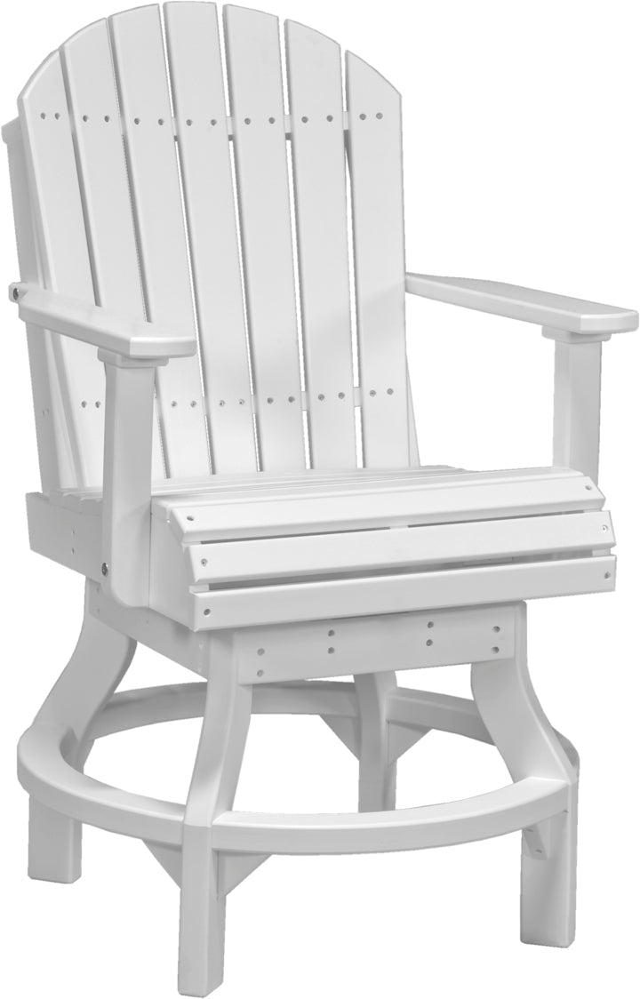 White Adirondack swivel chair with a slatted back, armrests, and a circular base, ideal for outdoor relaxing.
