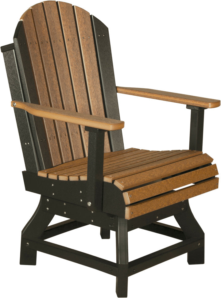 Adirondack-style chair featuring a brown and black design, crafted from durable HDPE material with wide slats and sturdy arms.