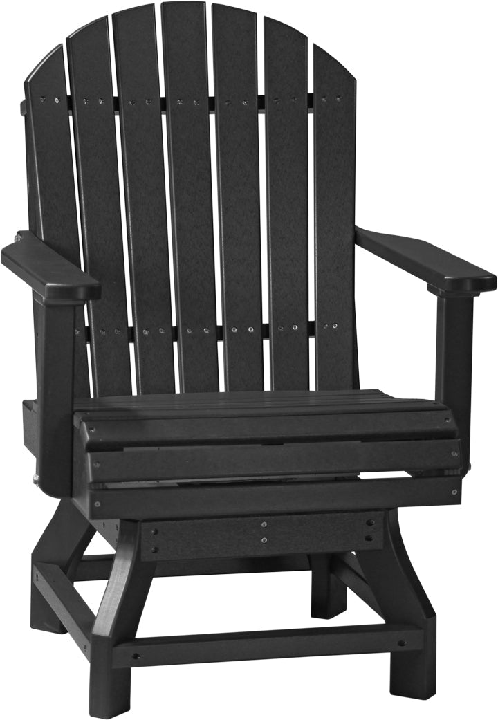 Black Adirondack chair with a slatted backrest and wide armrests, made from durable HDPE poly lumber.