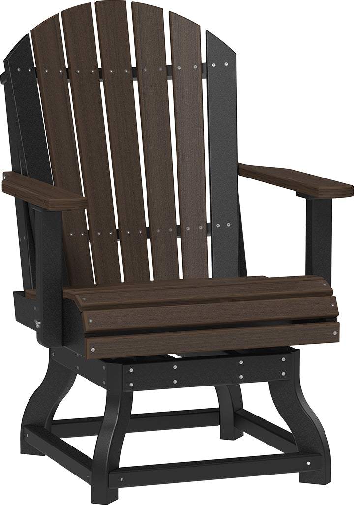 Square patio dining chair with a brown slatted seat and back, supported by a black frame, featuring wide armrests.