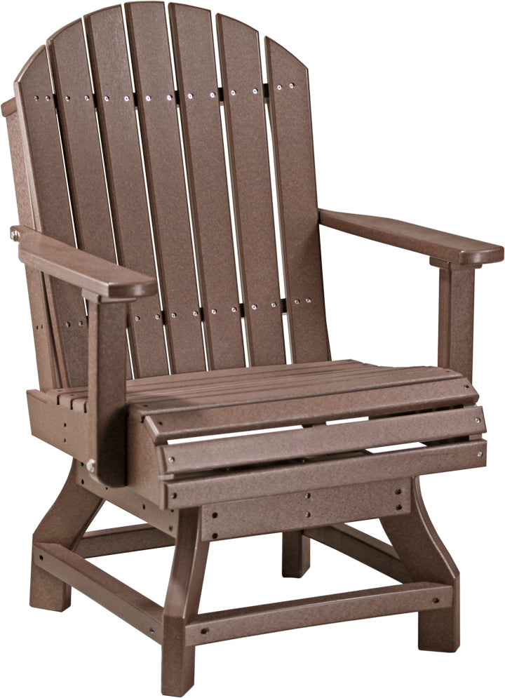 Stylish brown Adirondack chair made of recycled HDPE with a slatted back and sturdy armrests, perfect for outdoor use.
