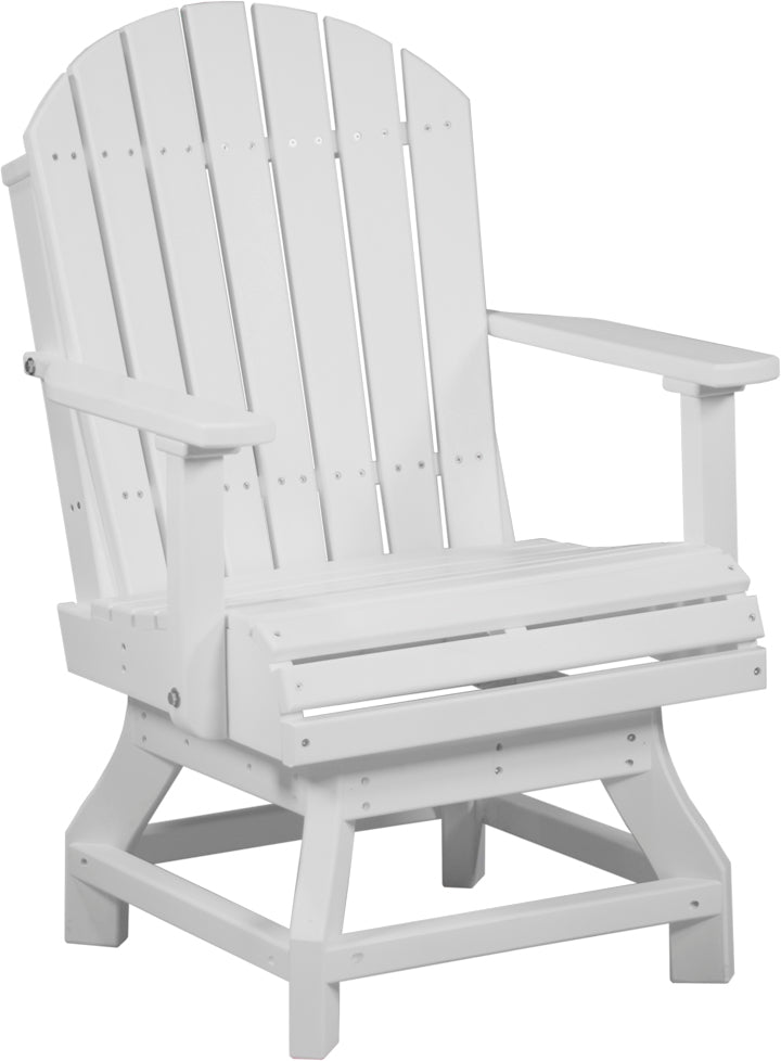 White Adirondack chair with a slatted back and wide armrests, featuring a sturdy base and overall casual design.