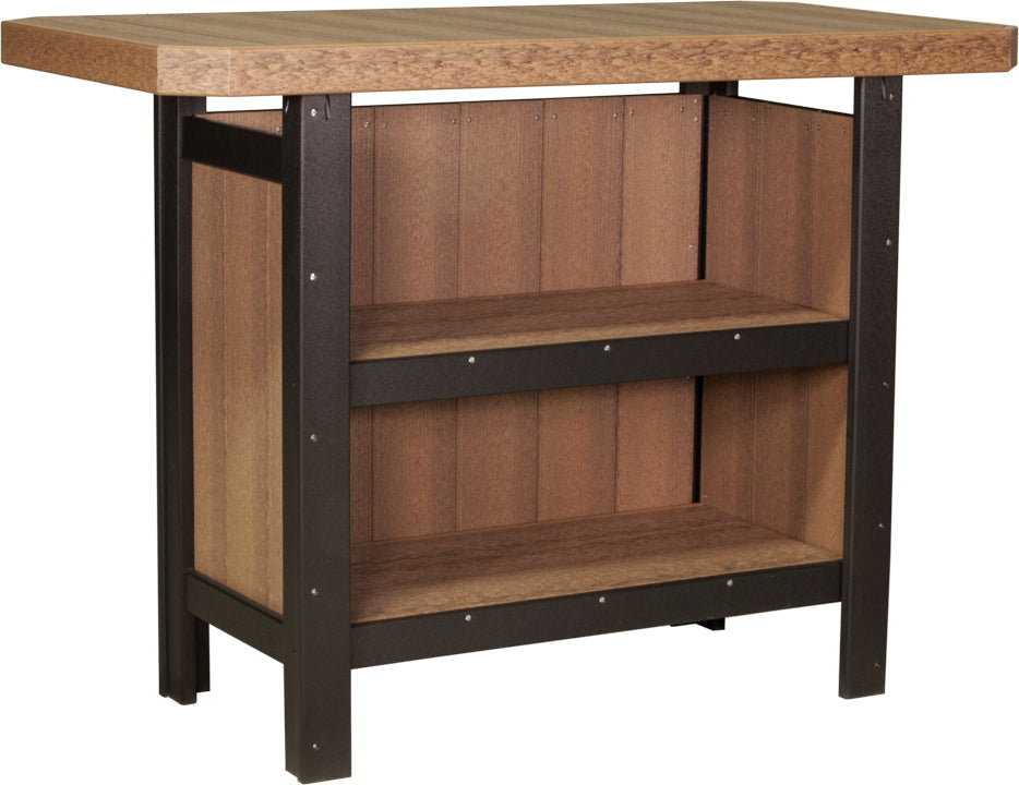 LuxCraft Poly Serving Bar Set featuring a rustic brown top and black frame, with two lower storage shelves.