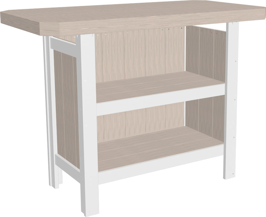 LuxCraft Poly Serving Bar Set featuring a light wood grain surface and white frame, with two built-in shelves for storage.