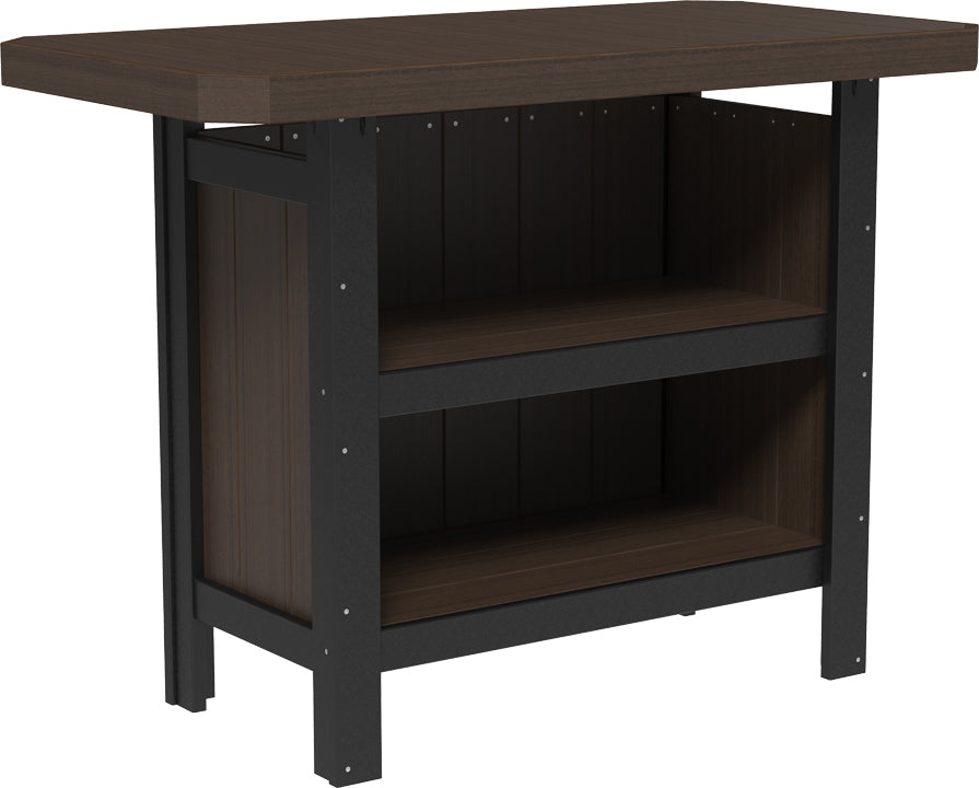 LuxCraft Poly Serving Bar Set featuring a dark wood finish, spacious top, and lower storage shelves for outdoor entertaining.