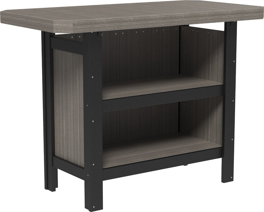 LuxCraft Poly Serving Bar Set featuring a gray slatted top, black frame, and two lower storage shelves, ideal for outdoor use.