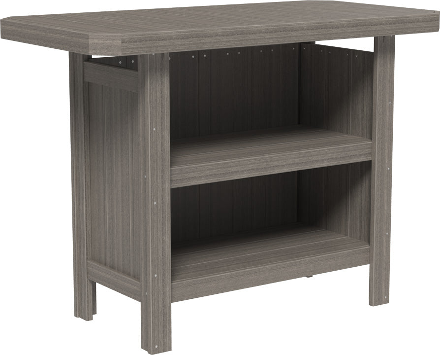 LuxCraft Poly Serving Bar Set features a sturdy gray HDPE frame with two lower shelves for storage and a spacious serving top.