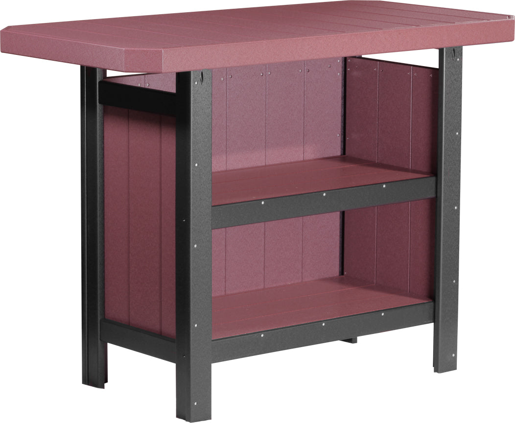 LuxCraft Poly Serving Bar Set features a deep red top and dark gray frame, with two lower storage shelves for organizing items.