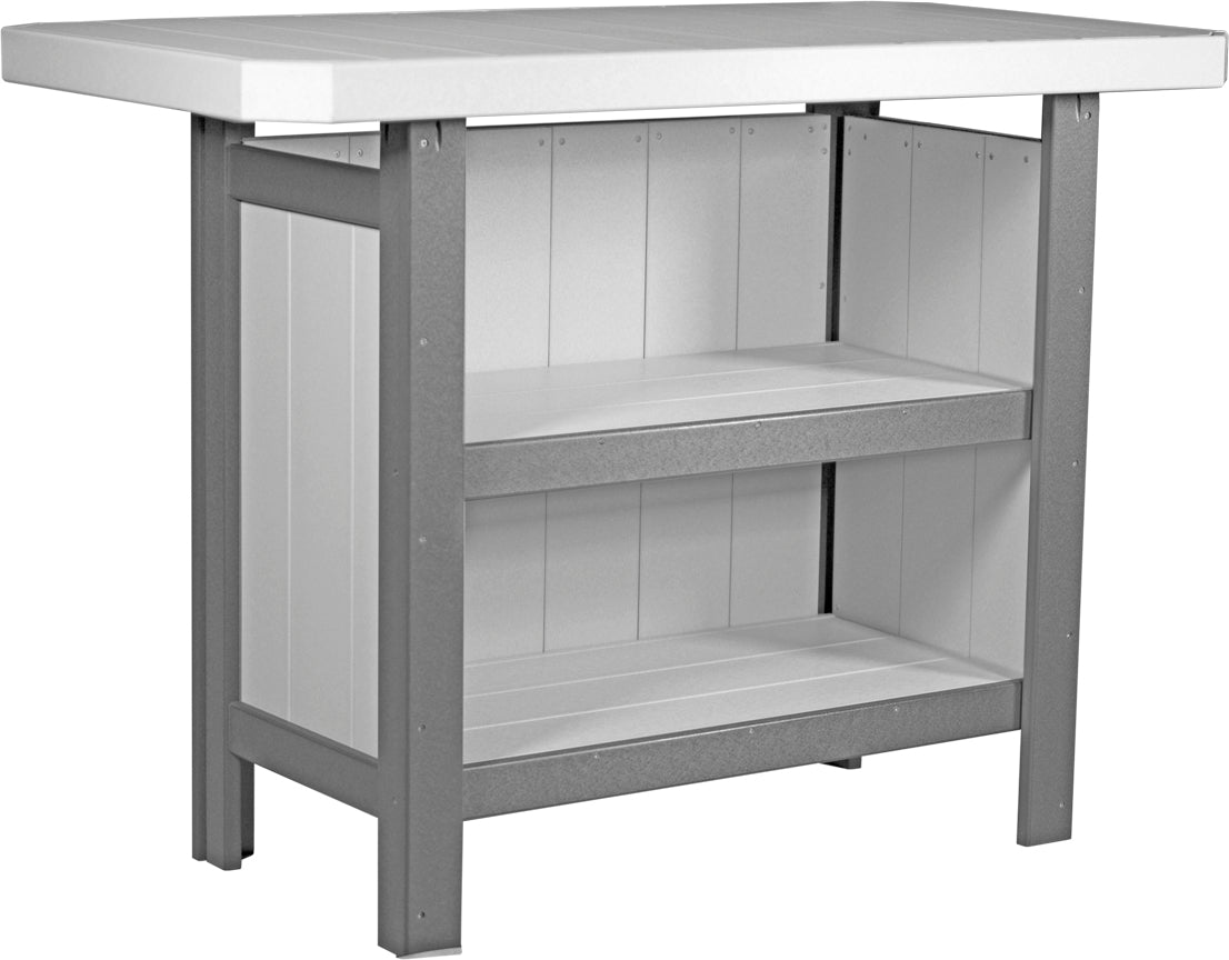 Spacious LuxCraft Poly Serving Bar Set with a white countertop and gray frame features two lower storage shelves.