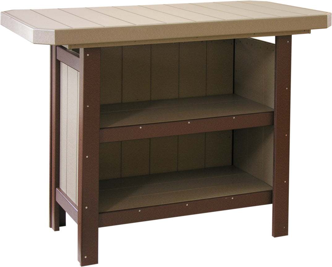 LuxCraft Poly Serving Bar Set featuring a brown and tan color scheme, with a spacious countertop and lower storage shelves.