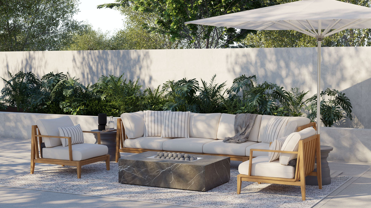 Outer Teak Outdoor Sofa with Armless Chairs, featuring light beige cushions, teak wood frame, and a modern design.