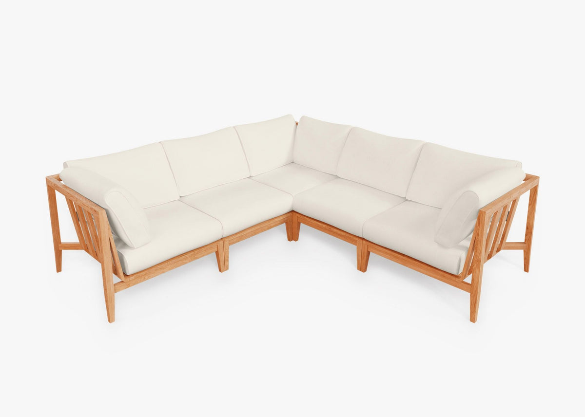 Teak Outdoor Corner Sectional with cream cushions, featuring a modular design and warm natural wood frame.