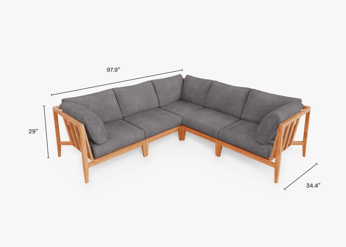 Teak corner sectional sofa with gray Olefin cushions, featuring a natural wood frame and modular design.