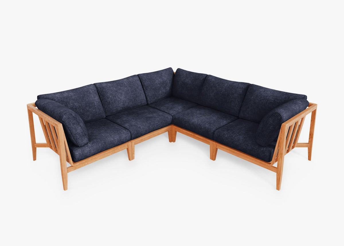 Teak outdoor corner sectional sofa with dark navy cushions, featuring a sleek wooden frame and modular configuration.