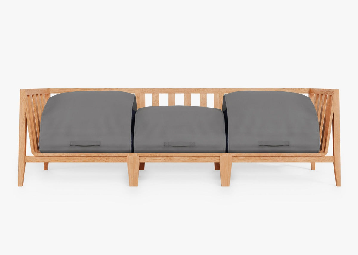 3-seat outdoor sofa featuring a warm, honey-toned FSC-certified teak frame with modular seating and gray protective cushion covers.