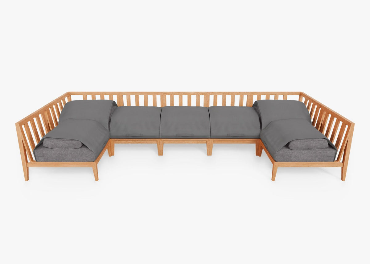 Teak outdoor U-shaped sectional sofa with gray cushions, featuring a modular design and slatted wood frame.
