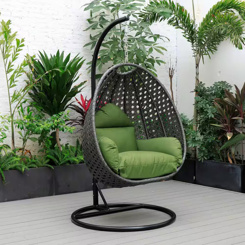 Charcoal Wicker Indoor Outdoor Hanging Egg Swing Chair for Bedroom and Patio with Stand and Cushion in Dark Green