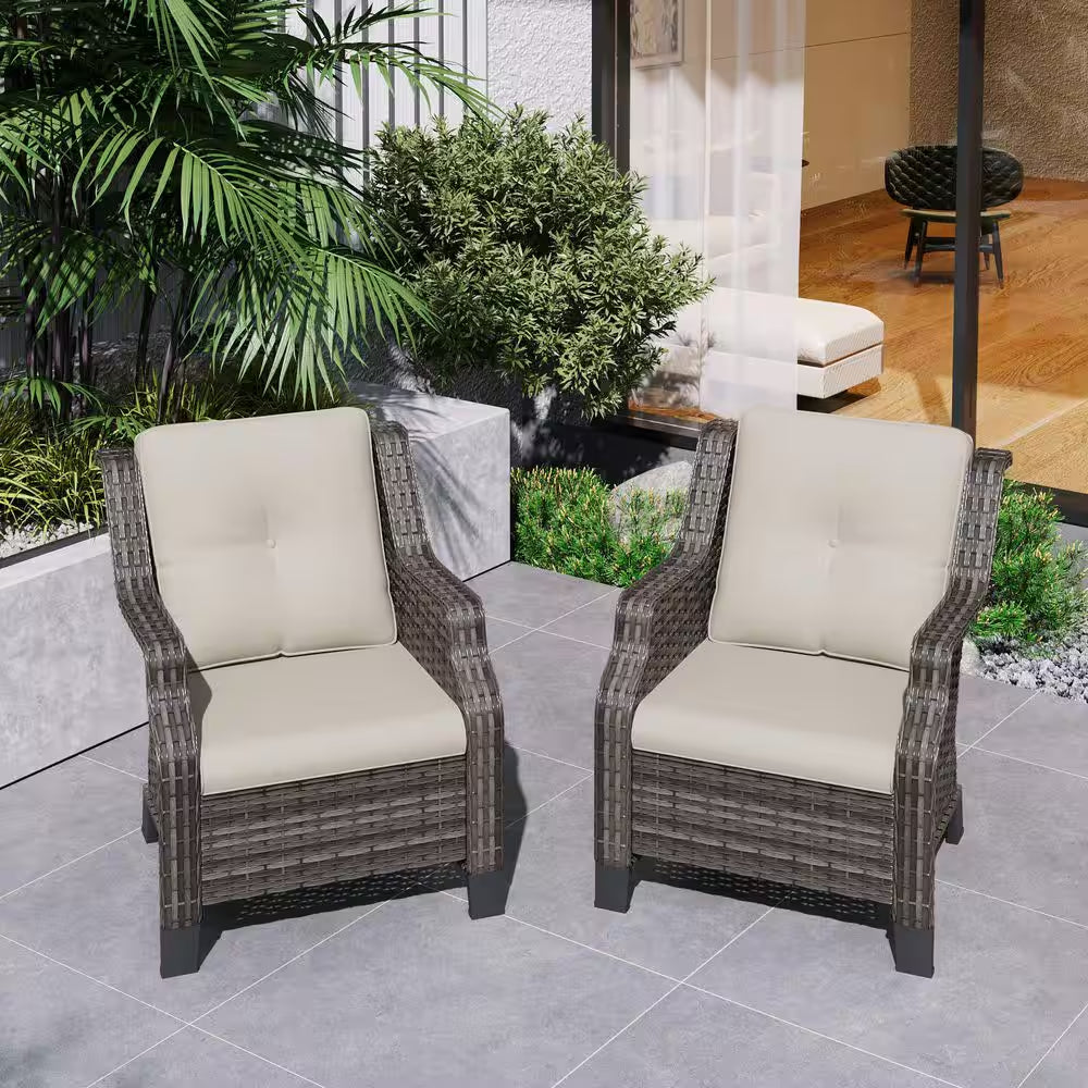 2-Piece Wicker Patio Outdoor Lounge Chair with Beige Cushions