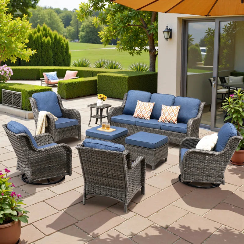 Guillen 7 - Person Wicker Rattan Patio Furniture Set with Swivel Chairs, Outdoor All Weather Sofa Conversation Set with Cushions for Garden Backyard