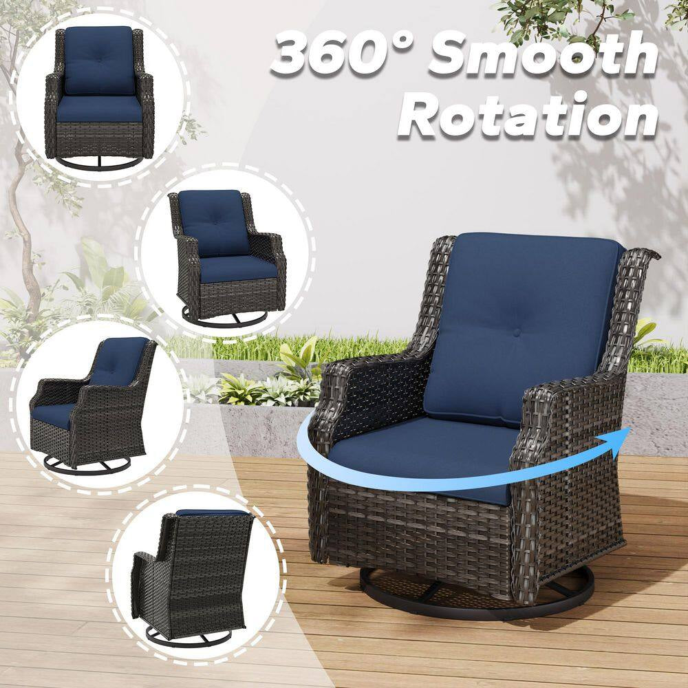 5-Piece Wicker Outdoor Patio Conversation Set with Swivel Rocking Chair, Side Table, Ottomans and Blue Cushions
