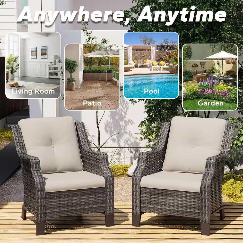 2-Piece Wicker Patio Outdoor Lounge Chair with Beige Cushions